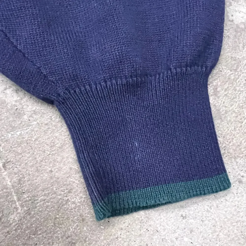 Vintage Large Checkered Square Geometric Pattern Creneck Sweater Navy Green M